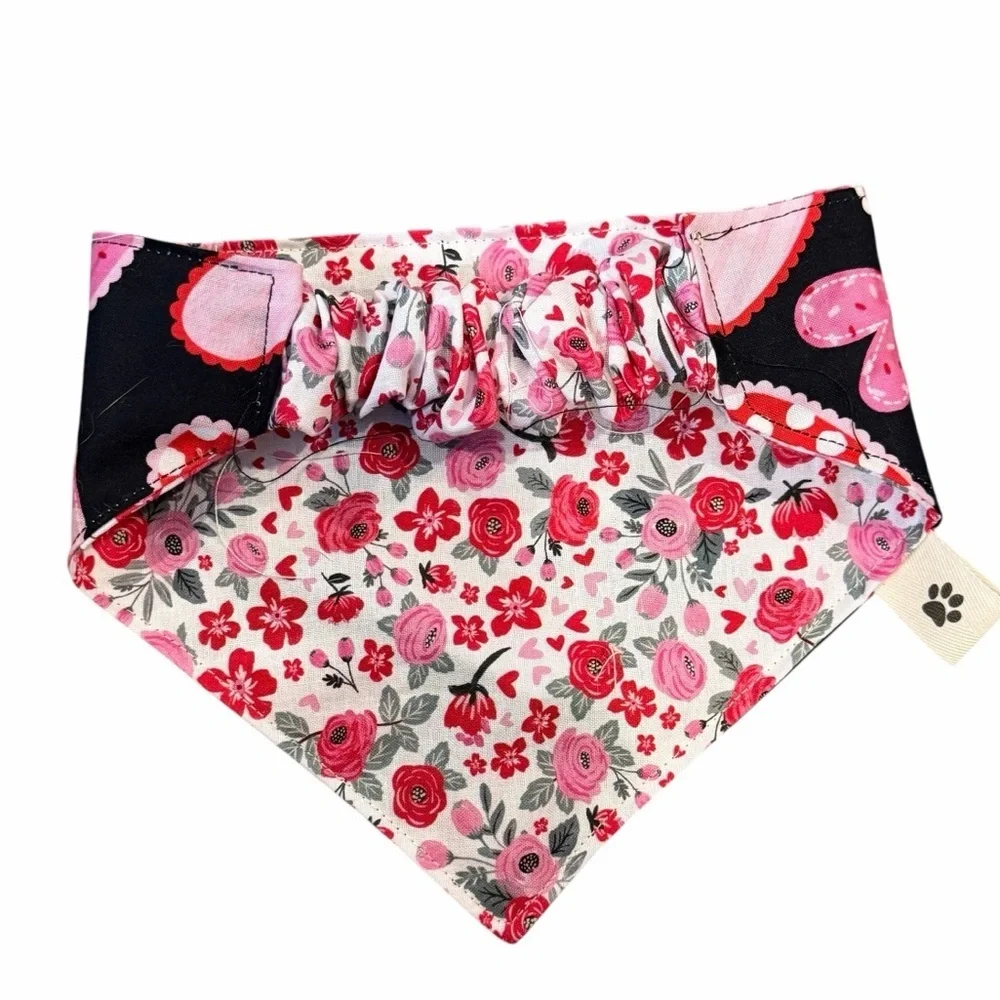 Floral and Hearts Reversible Scrunchie Handmade Dog Bandana - Pink and White